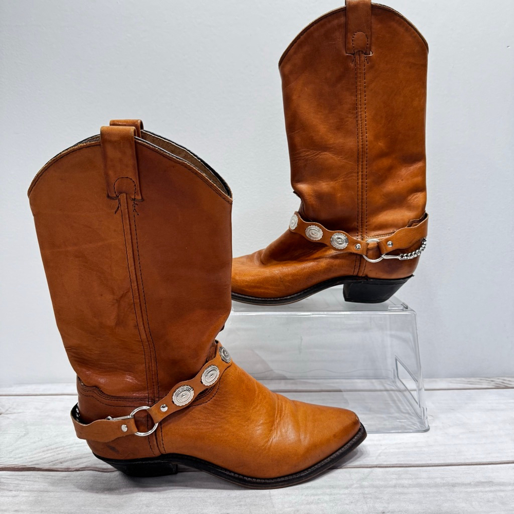 Tan Camel Abilene Western Boots Genuine Leather Silver Concho Strap Cowgirl 7.5M